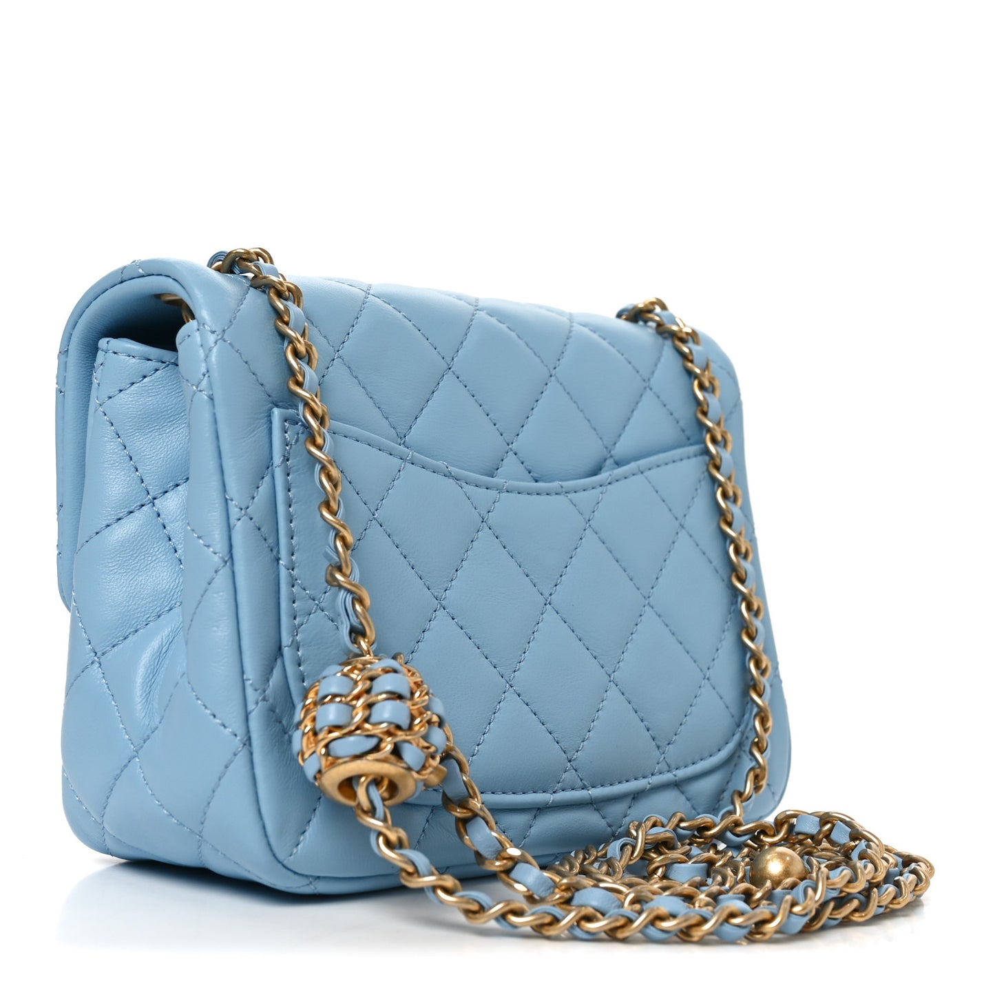 Lambskin Quilted Mini Pearl Crush Flap Light Blue