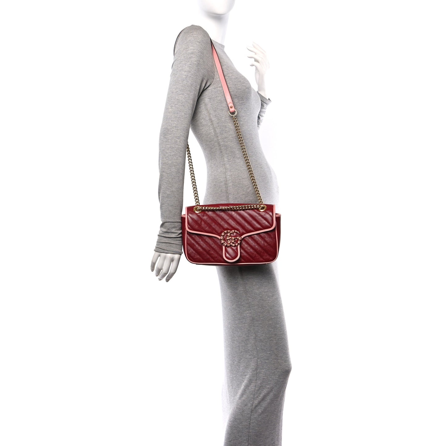 Azalea Calfskin Enamel Matelasse Diagonal Small Torchon GG Marmont Shoulder Bag New Cherry Red Wild Rose