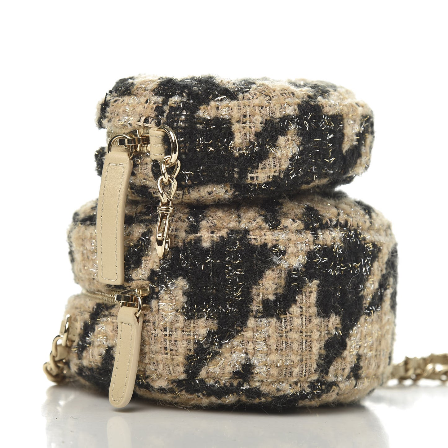 Tweed Shearling Round Clutch With Chain and Coin Purse Beige Black