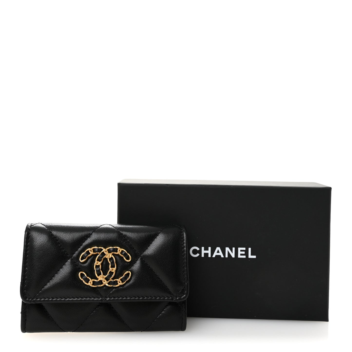 Lambskin Quilted Chanel 19 Flap Card Holder Black
