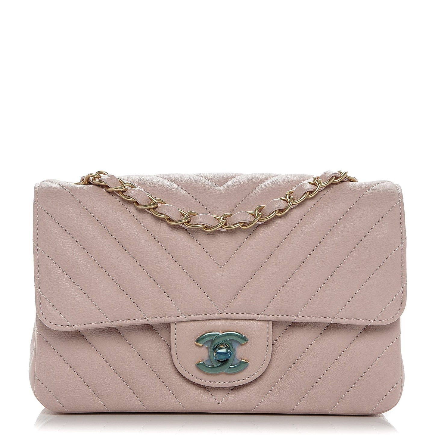 Calfskin Chevron Quilted Mini Rectangular Flap Light Pink