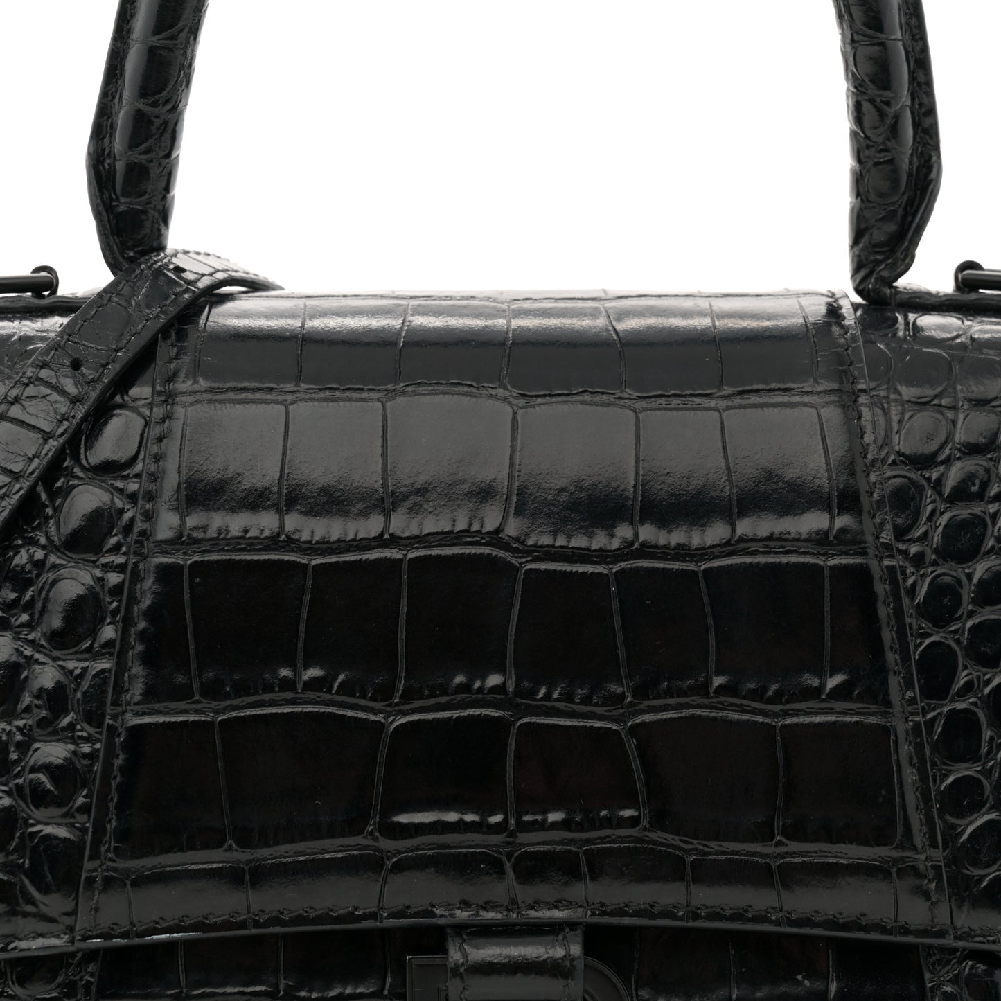 Shiny Calfskin Monochrome Crocodile Embossed Small Hourglass Top Handle Bag Black