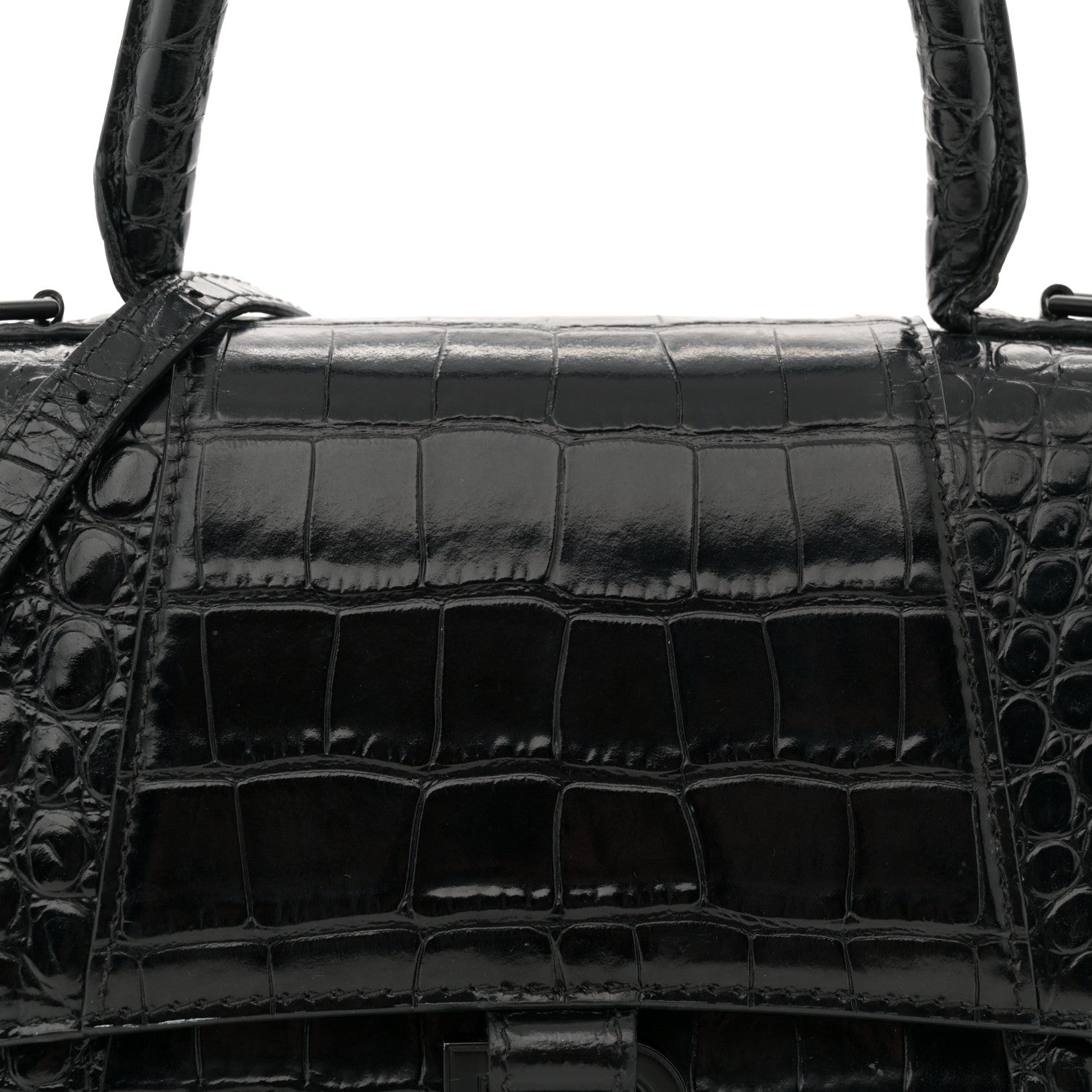 Balenciaga Shiny Calfskin Monochrome Crocodile Embossed Small Hourglass Top Handle Bag Black 7 of 17