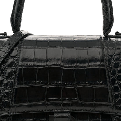 Balenciaga Shiny Calfskin Monochrome Crocodile Embossed Small Hourglass Top Handle Bag Black 7 of 17