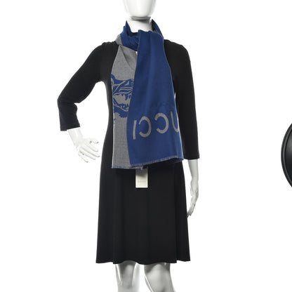 Gucci Wool Knit Wolf Scarf Blu-Grigio 2 of 4