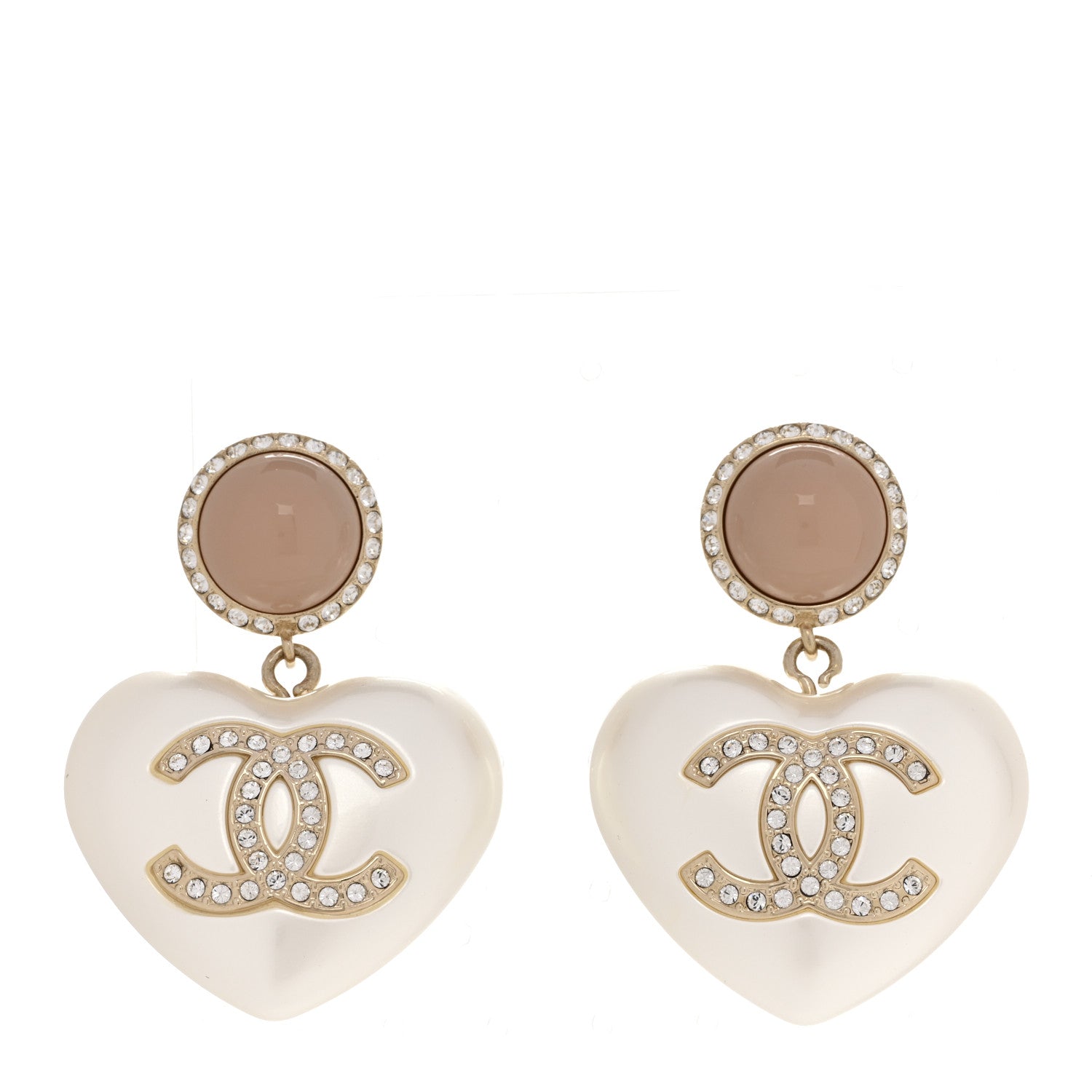 Chanel Pearl Resin Crystal CC Heart Drop Earrings Pink Gold 1 of 5