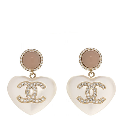 Chanel Pearl Resin Crystal CC Heart Drop Earrings Pink Gold 1 of 5