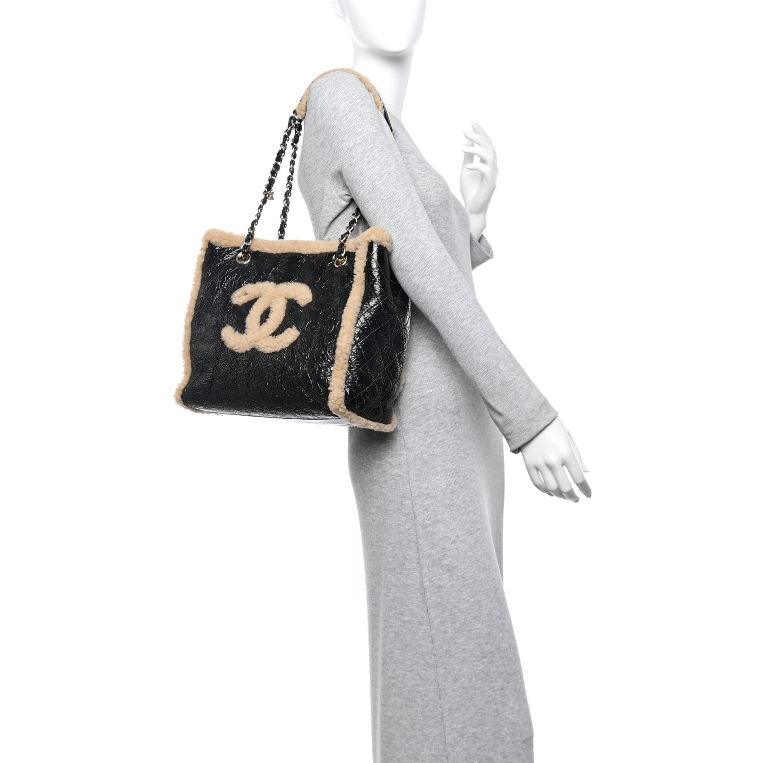 Chanel Shiny Crumpled Sheepskin Shearling CC Mania Tote Bag Black Beige 2 of 11