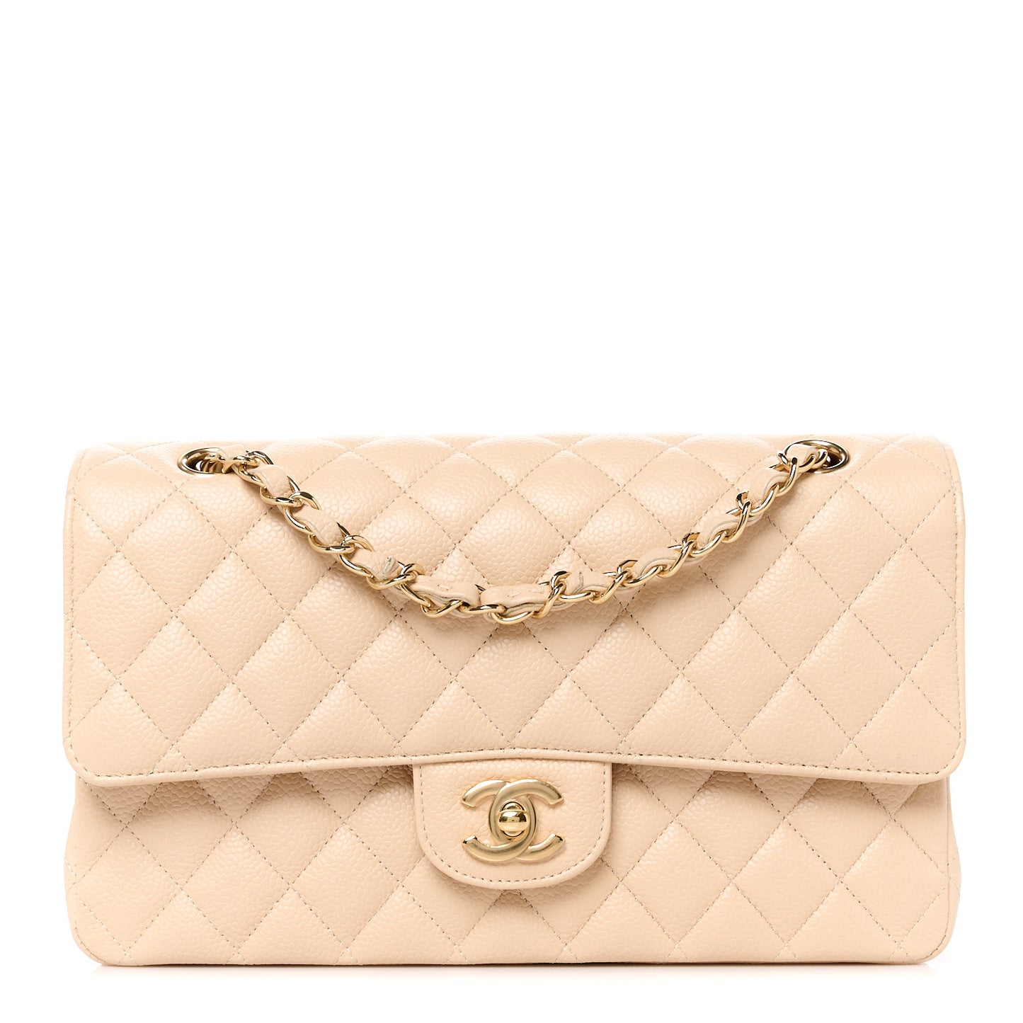 Caviar Quilted Medium Double Flap Beige