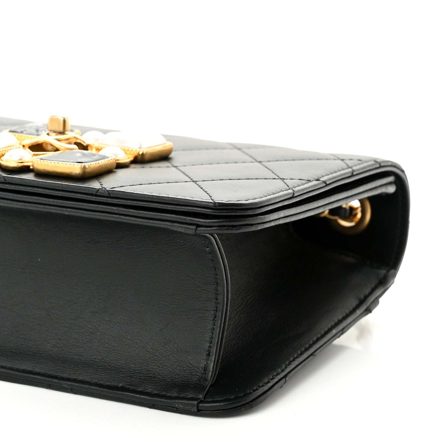 Calfskin Quilted Crystal Pearl Small Flap Bag Black