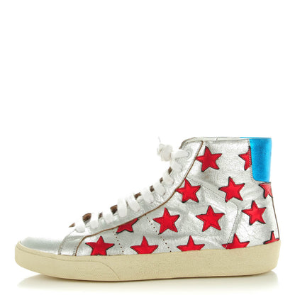 Saint Laurent Metallic Nappa Stars High Top Sneakers 40.5 Silver 1 of 8