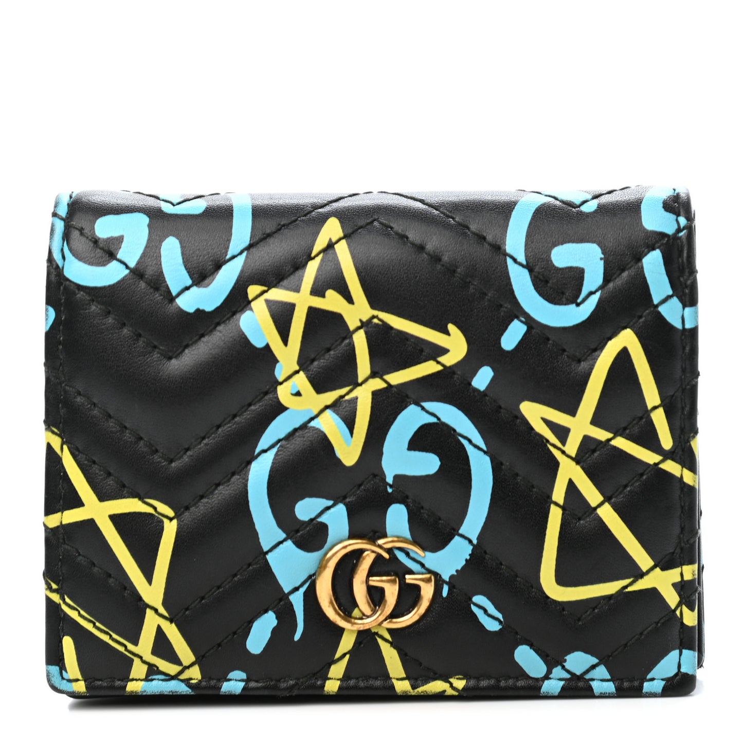 Calfskin Matelasse GucciGhost GG Marmont Card Case Wallet Black New Acquamarine