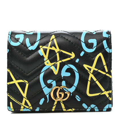 Gucci Calfskin Matelasse GucciGhost GG Marmont Card Case Wallet Black New Acquamarine 1 of 4