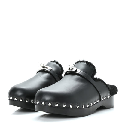 Hermes Calfskin Woolskin Carlotta Mules 38 Black 3 of 7