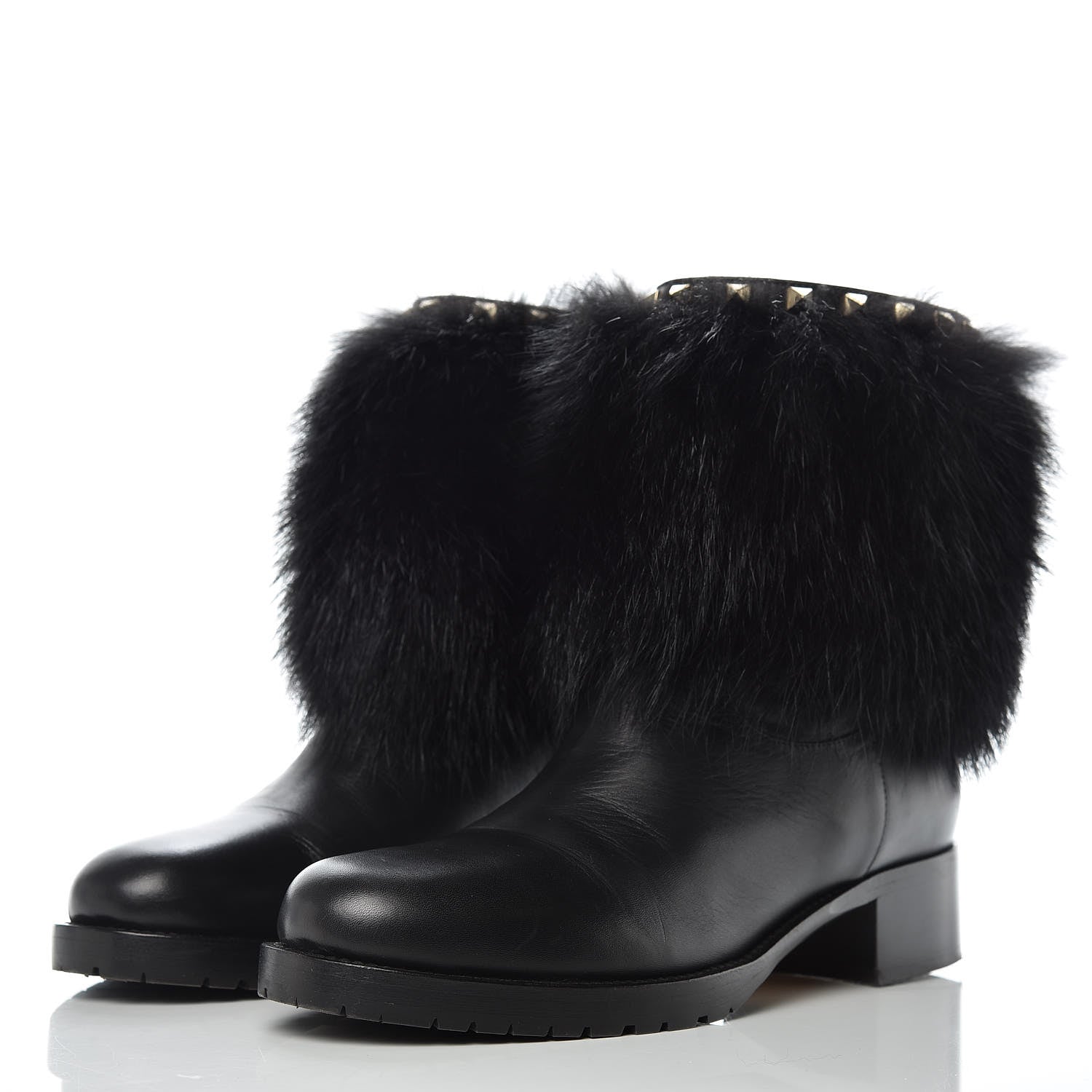 Valentino Garavani Calfskin Fox Fur Rockstud Winter Boots 40.5 Black 3 of 14