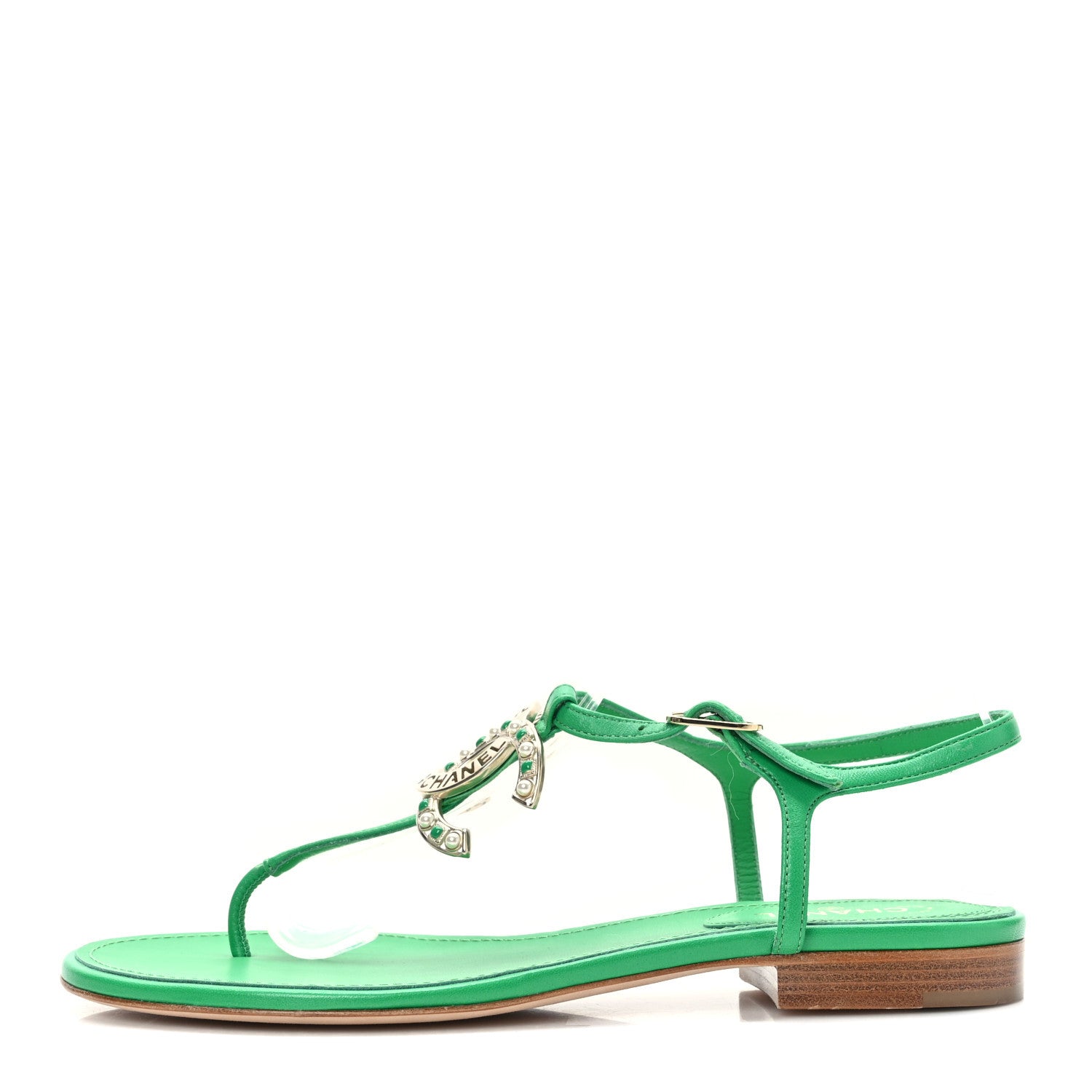 Chanel Lambskin Crystal CC Logo Thong Sandals 38 Green 1 of 7