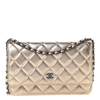 Chanel Metallic Lambskin Quilted Wallet On Chain WOC Gold Black 1 of 13