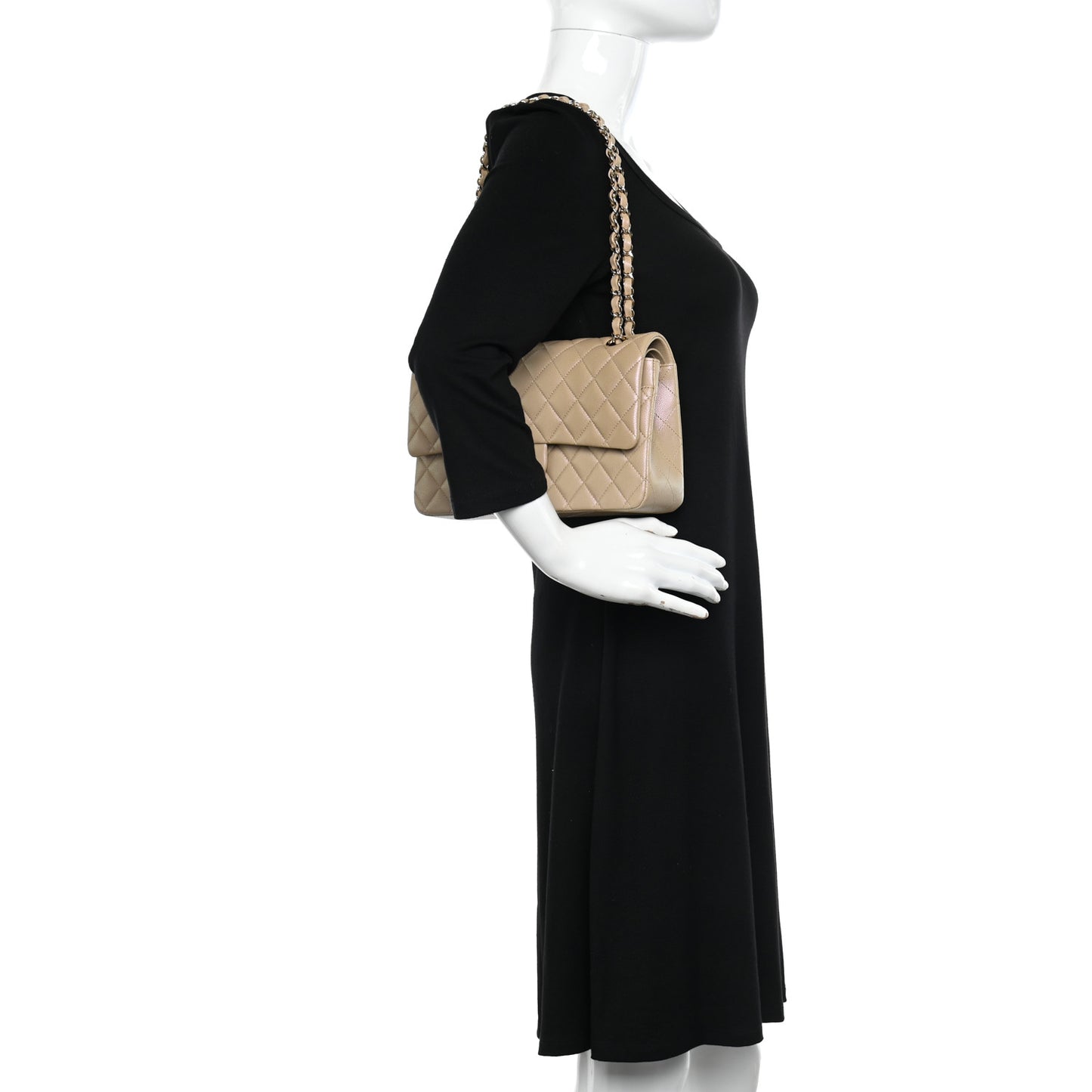 Iridescent Caviar Quilted Medium Double Flap Dark Beige