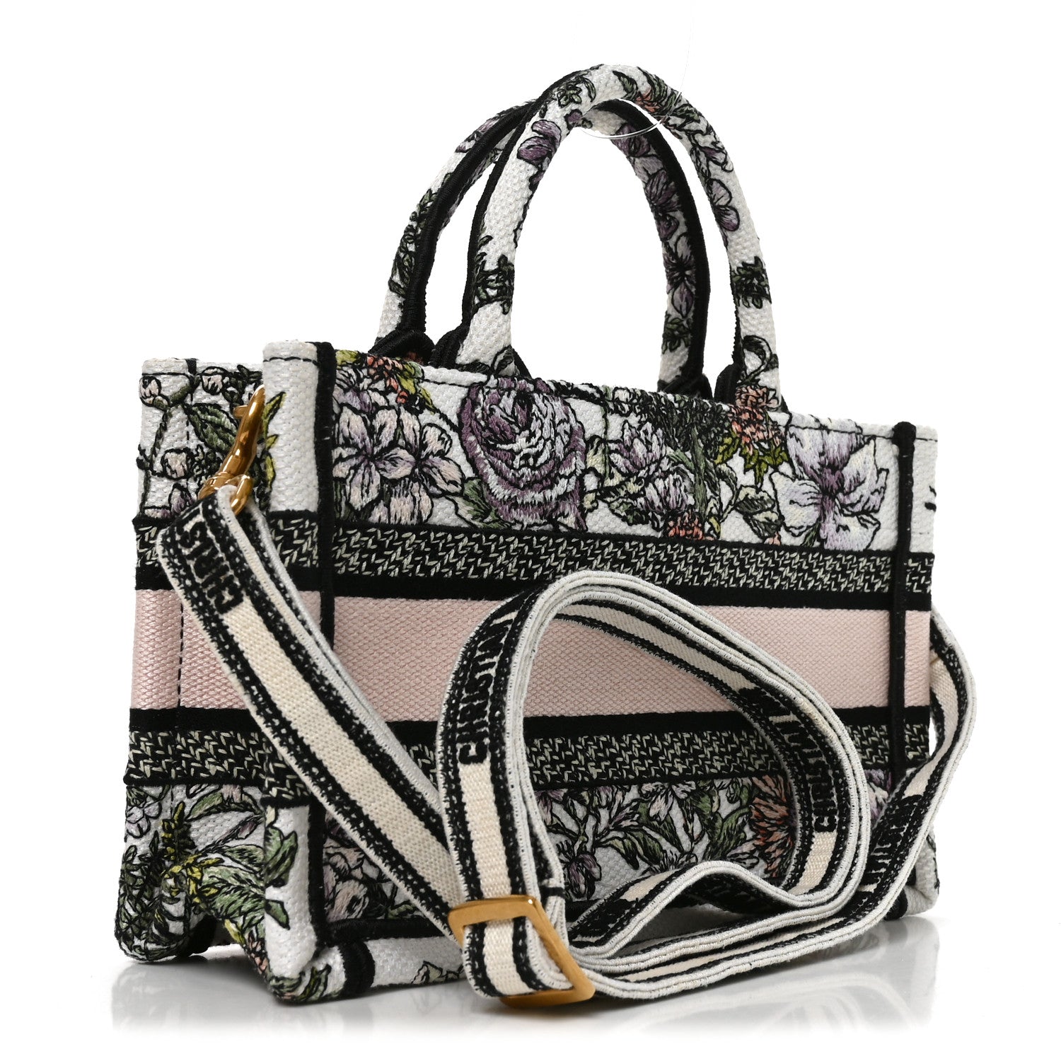 Christian Dior Canvas Embroidered Flowers Mini Book Tote With Strap White Multicolor 3 of 10