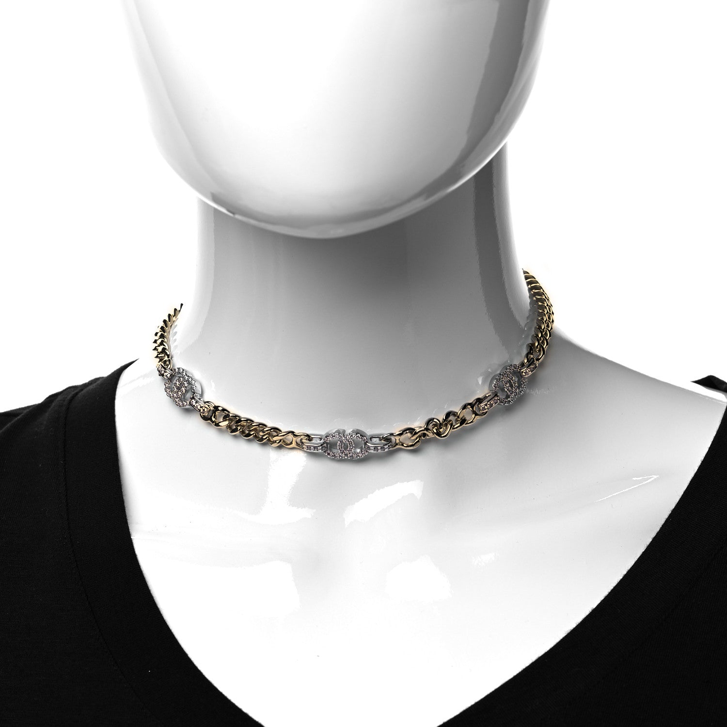 Chanel Crystal Chain CC Link Choker Gold Silver 2 of 4