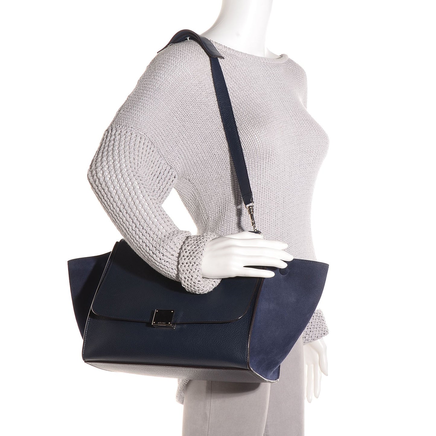 Drummed Calfskin Suede Medium Trapeze Navy Blue