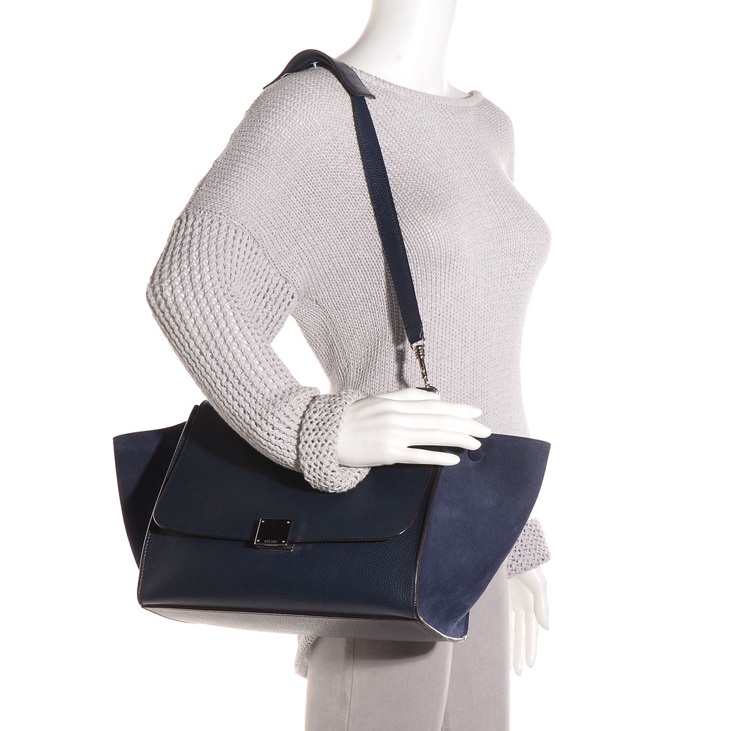 Celine Drummed Calfskin Suede Medium Trapeze Navy Blue 2 of 8