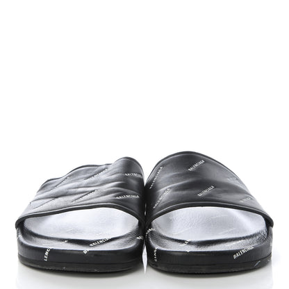 Balenciaga Nappa Allover Logo Embossed Mens Pool Slide Sandals 43 Black White 3 of 9