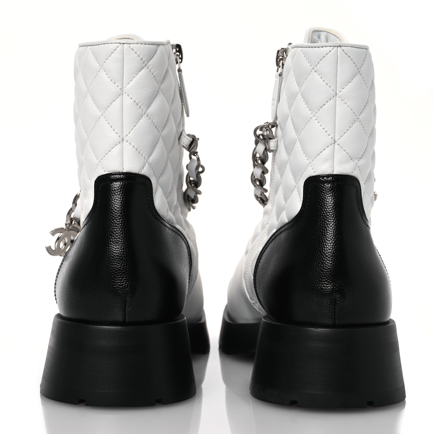 Caviar Calfskin Quilted Chain Lace Up Combat Boots 41 White Black