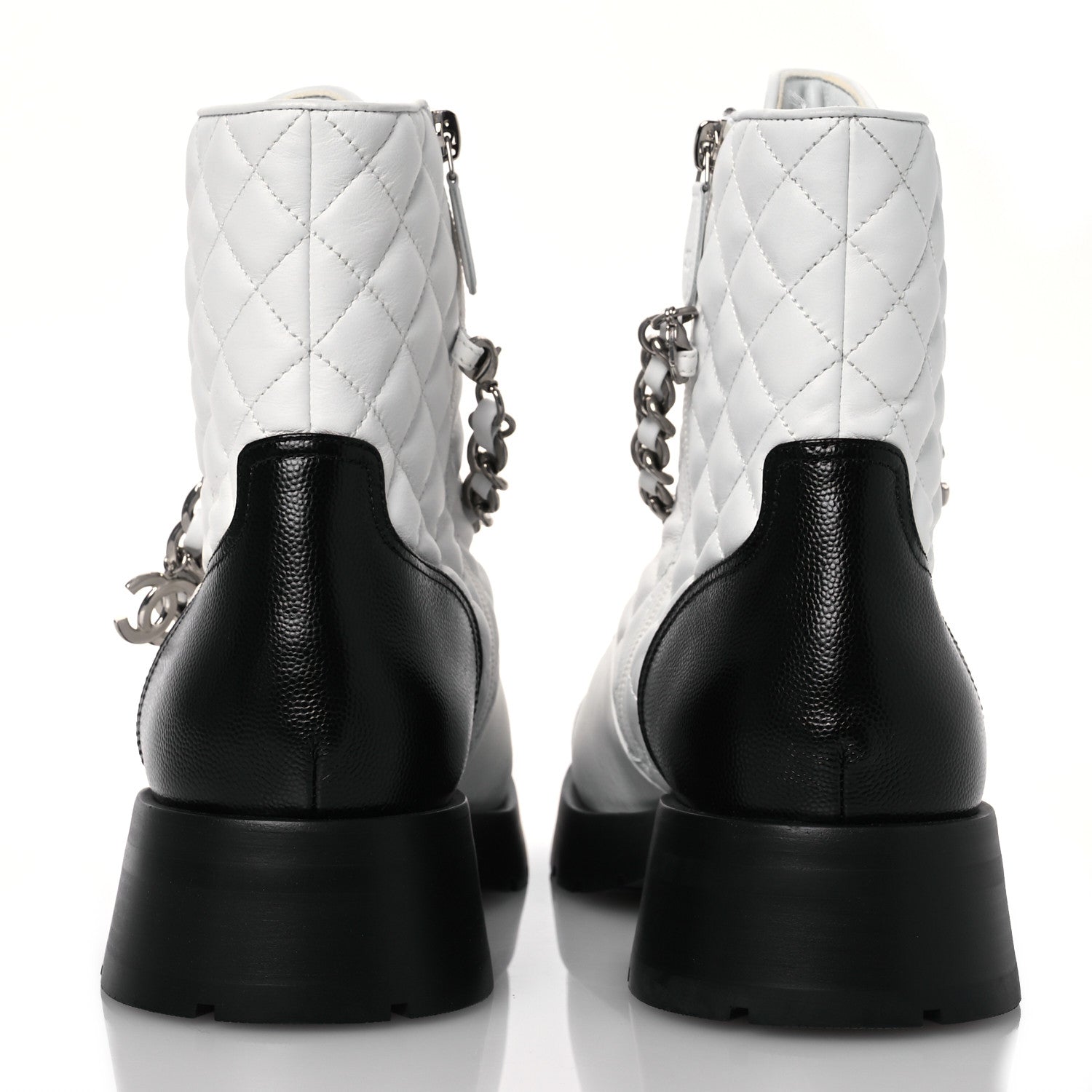 Chanel Caviar Calfskin Quilted Chain Lace Up Combat Boots 41 White Black 5 of 12