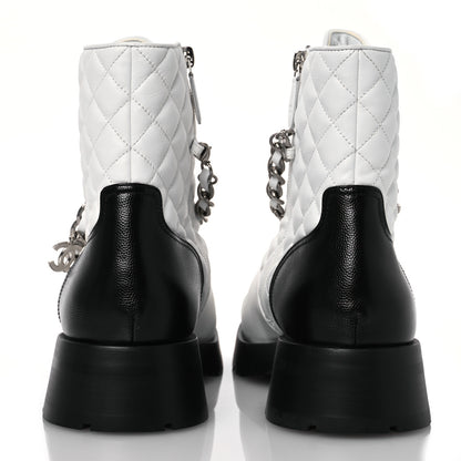 Chanel Caviar Calfskin Quilted Chain Lace Up Combat Boots 41 White Black 5 of 12