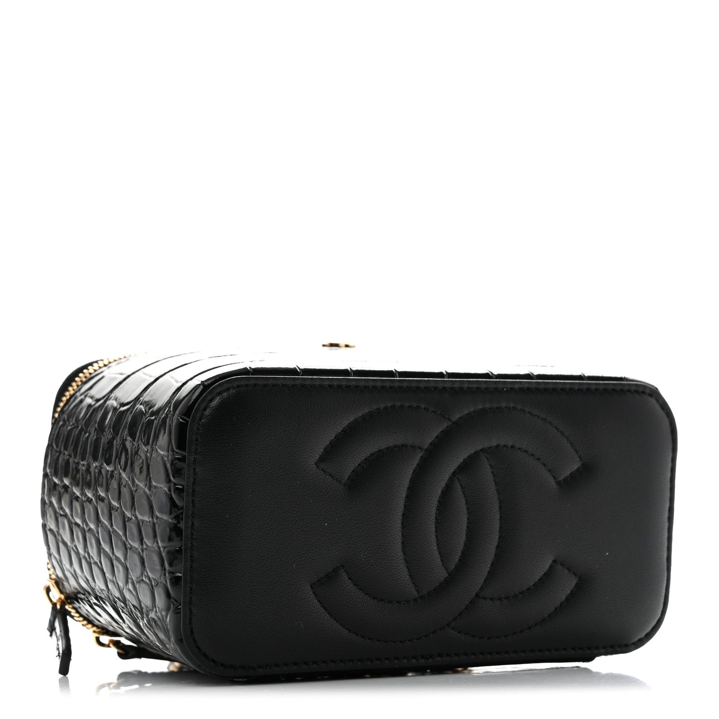 Calfskin Crocodile Embossed Exoticoco Small Top Handle Vanity Case With Chain Black