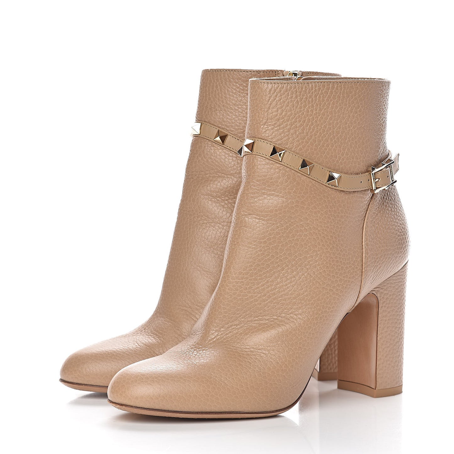 Pebbled Calfskin Rockstud Single Buckle 90mm Block Heel Ankle Boots 38 Camel Rose