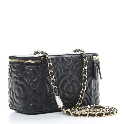 Chanel Lambskin Camellia Embossed Small Vanity Case With Chain Black 3 of 12