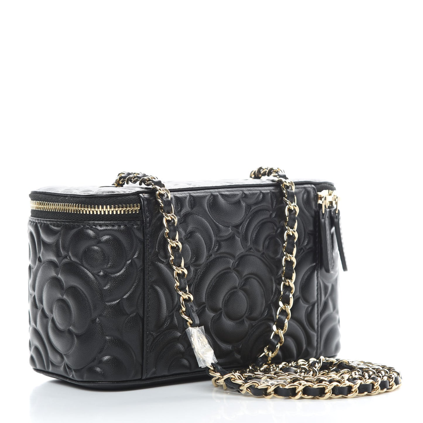 Lambskin Camellia Embossed Small Vanity Case With Chain Black