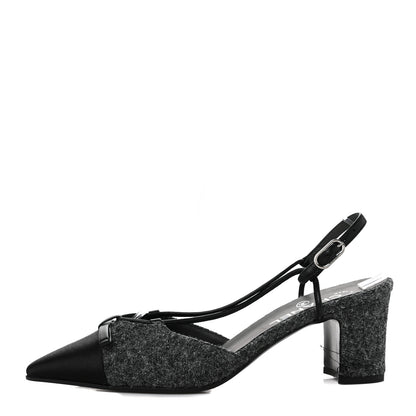 Chanel Tweed Satin Slingback Cap Toe Bow Pumps 39 Grey Black 1 of 9