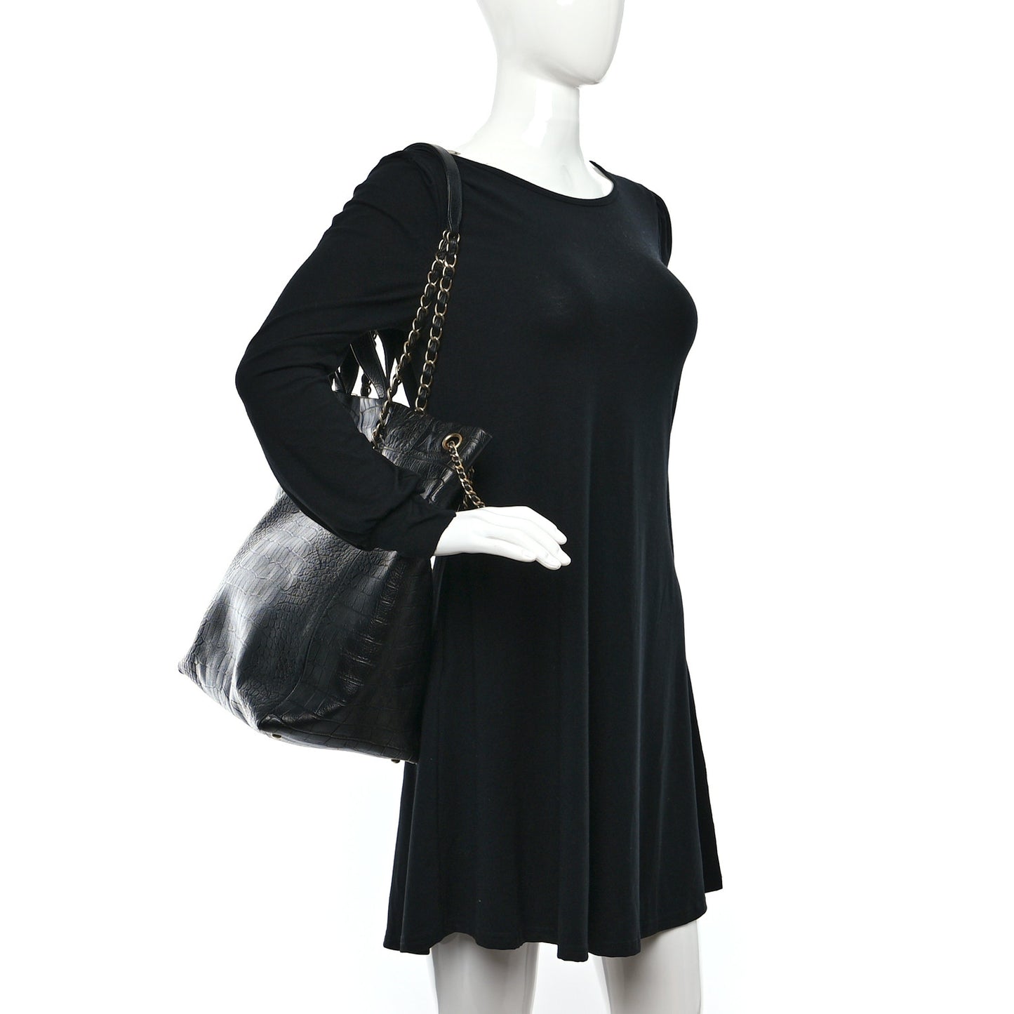 Calfskin Crocodile Embossed Large Cocodile Shopping Tote Black