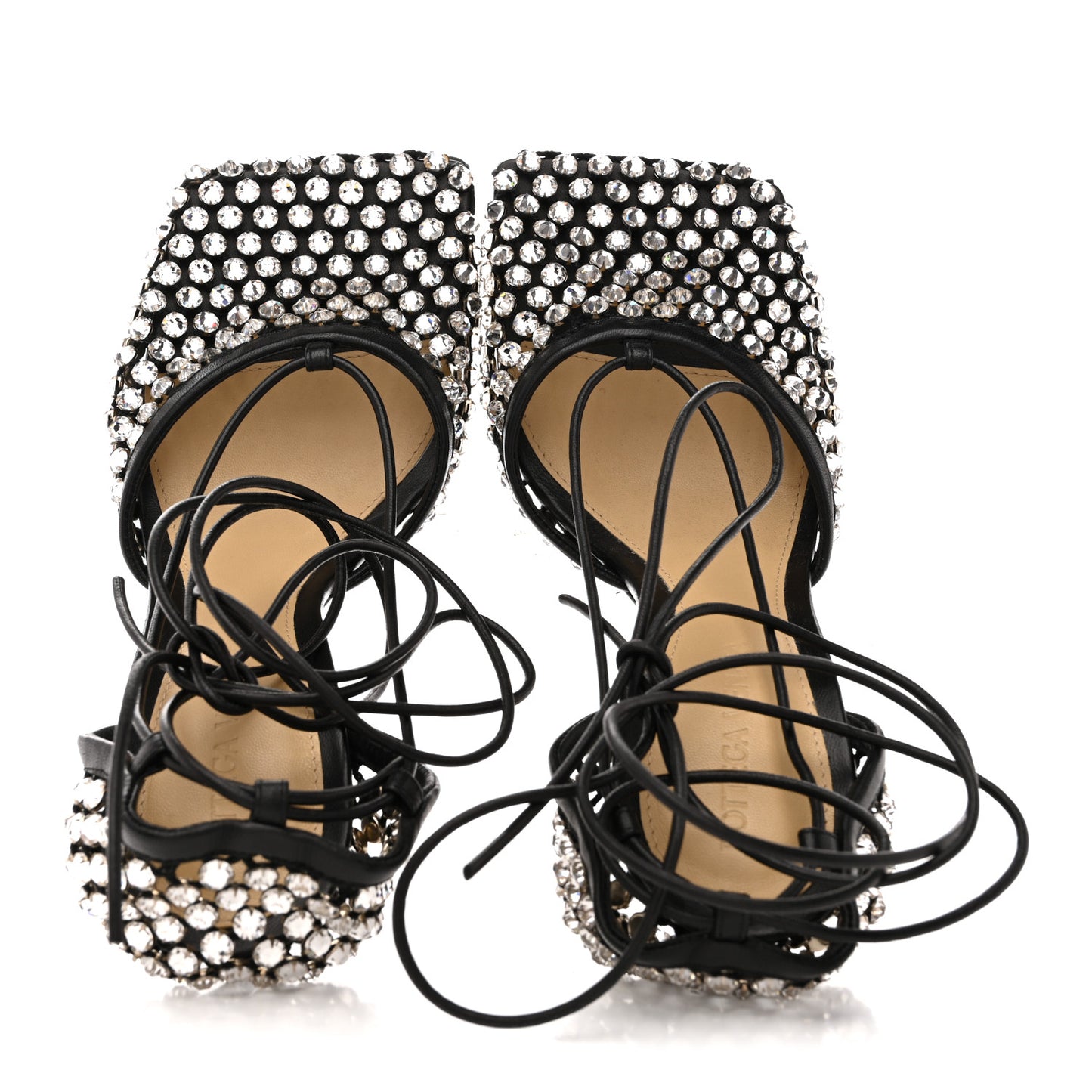 Mesh Nappa Crystal Embellished Sparkle Stretch Ankle Tie Sandals 36.5 Black