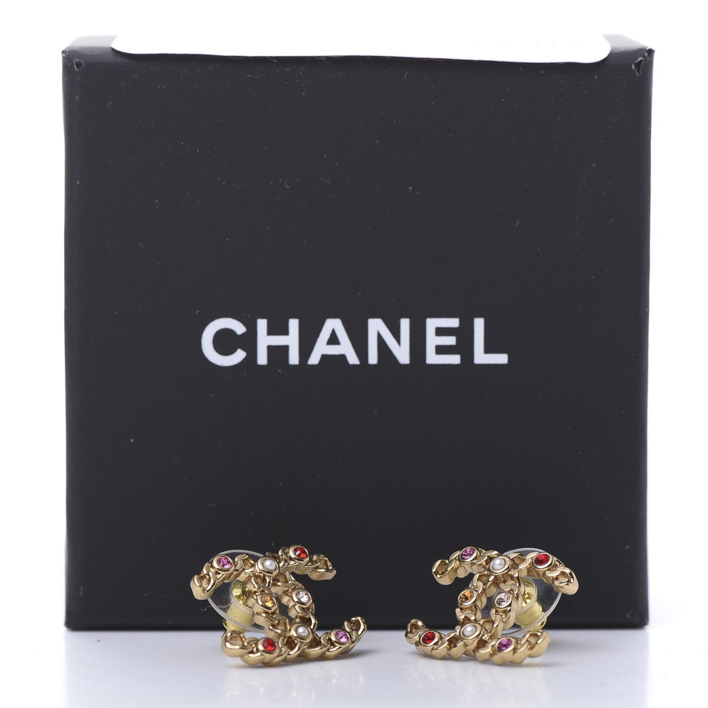 Pearl Crystal Chain Link CC Earrings Gold Red Pink Yellow
