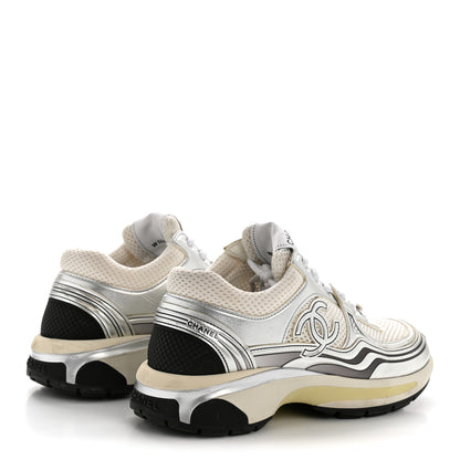 Chanel Fabric Laminated Calfskin Stretch CC Sneakers 36 White Silver 5 of 10