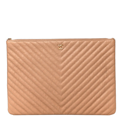 Chanel Crumpled Calfskin Chevron Quilted Large Cosmetic Case Beige 1 of 14