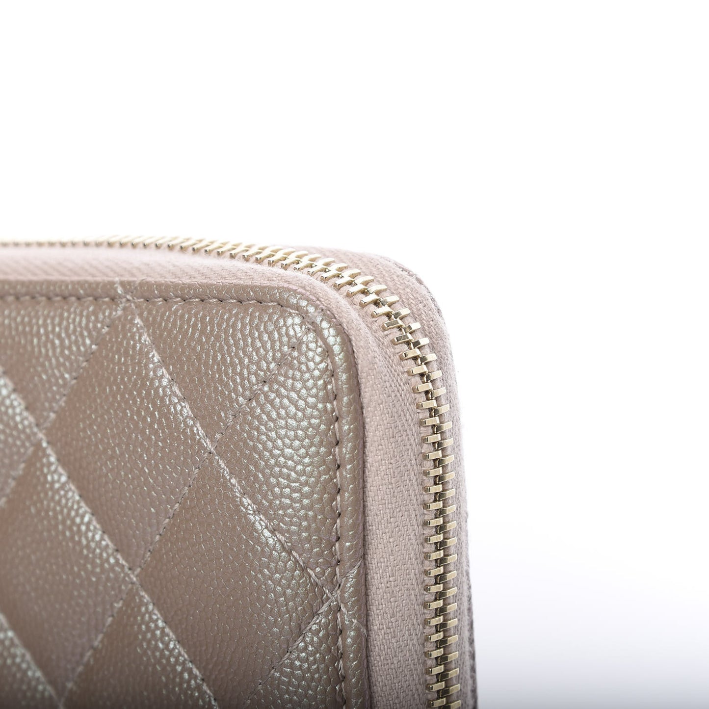 Iridescent Caviar Quilted Long Zip Around Wallet Beige