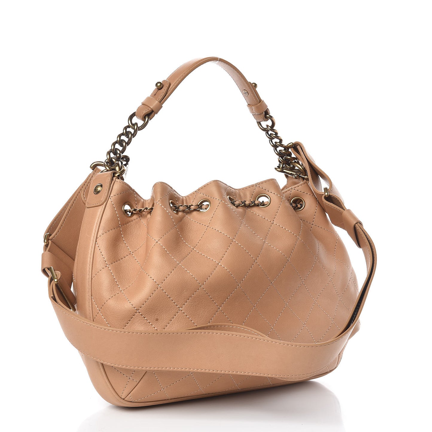 Calfskin Stitched Medium Drawstring CC Bag Beige