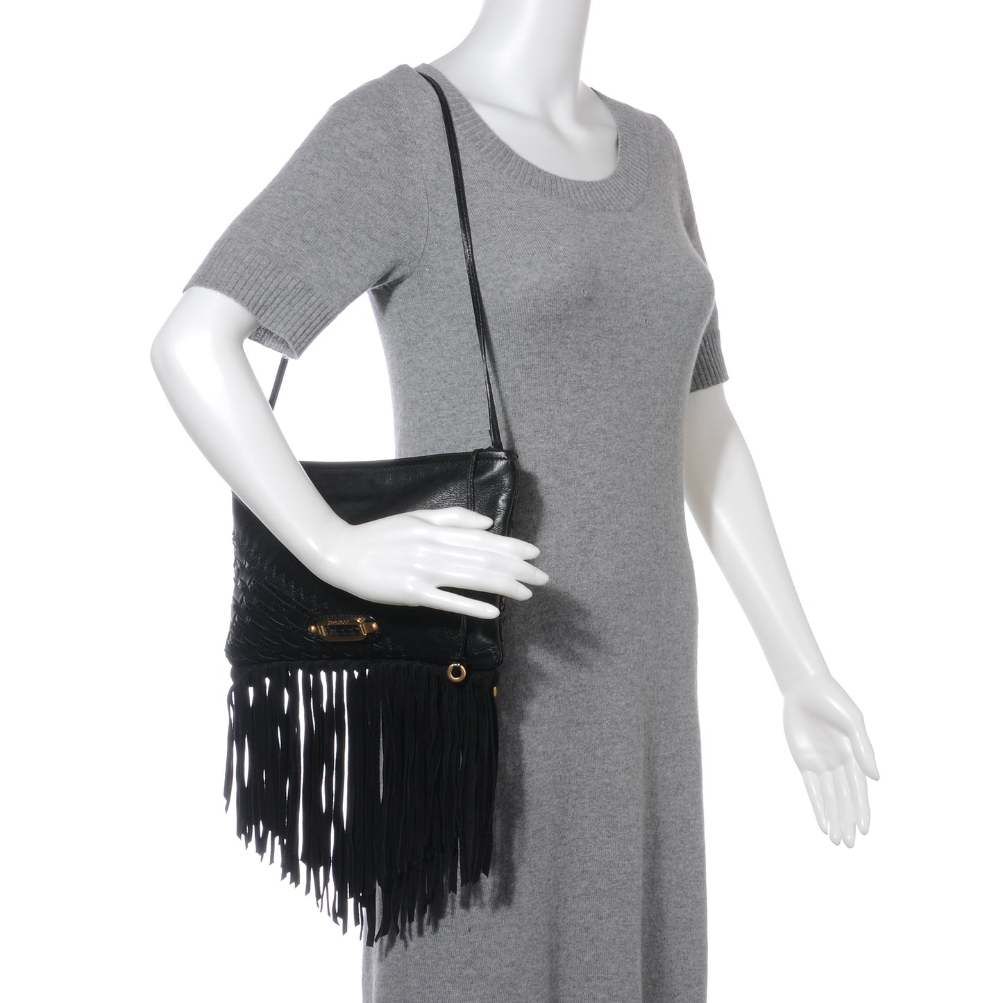 Leather Suede Fringe Tita Convertible Clutch Black