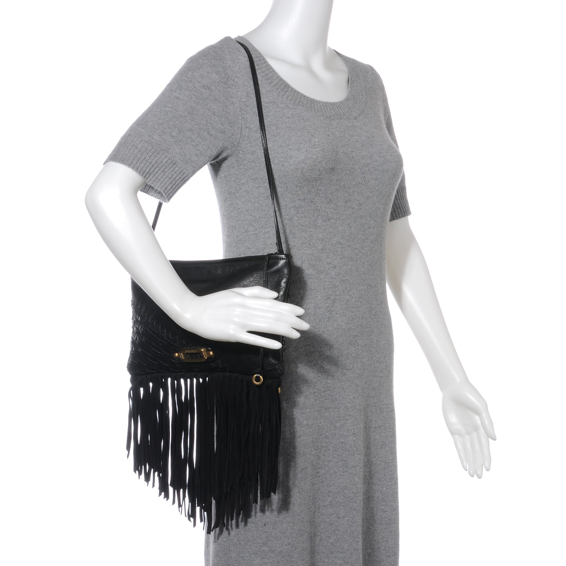 Jimmy Choo Leather Suede Fringe Tita Convertible Clutch Black 4 of 9