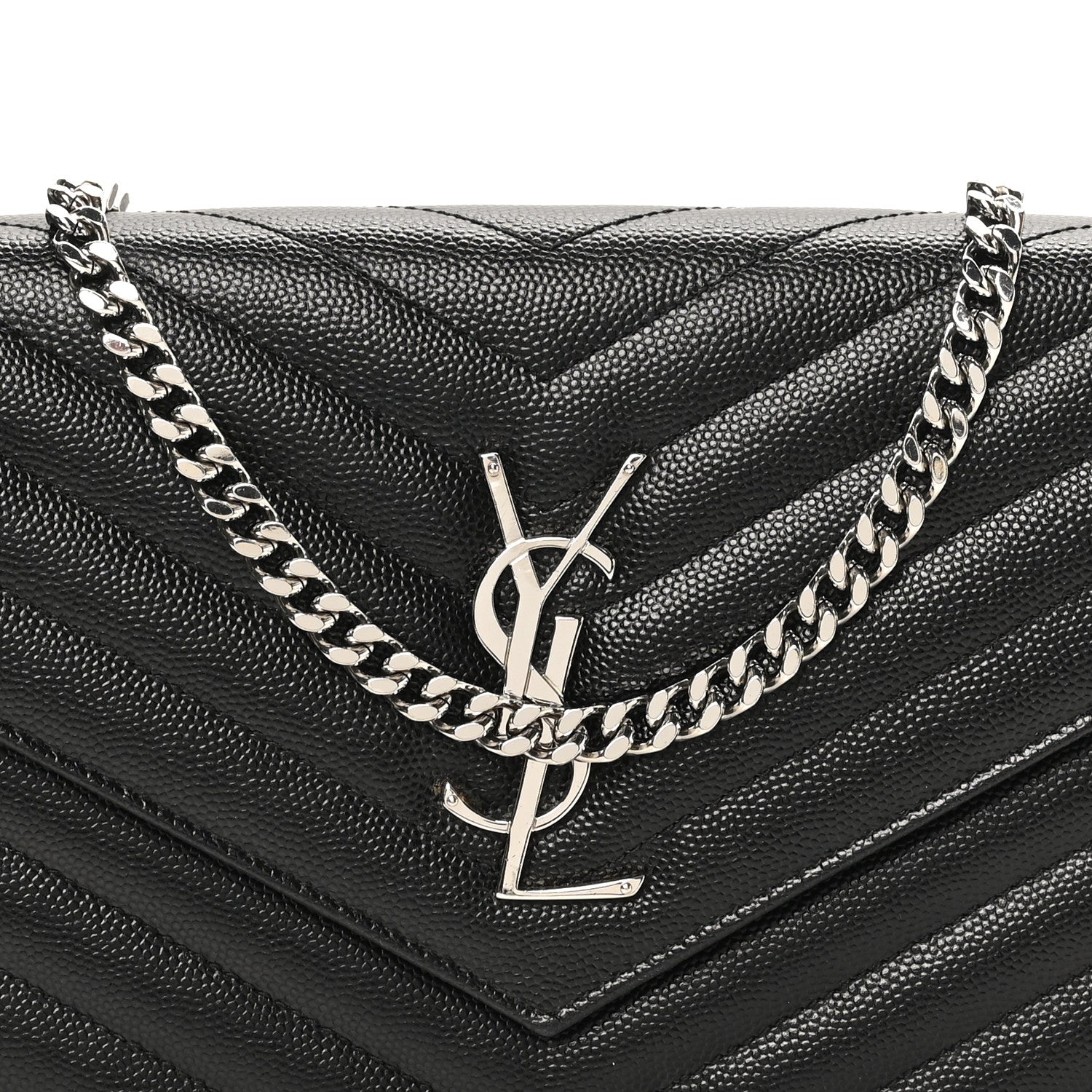 Saint Laurent Grain De Poudre Matelasse Chevron Monogram Chain Wallet Black 8 of 12