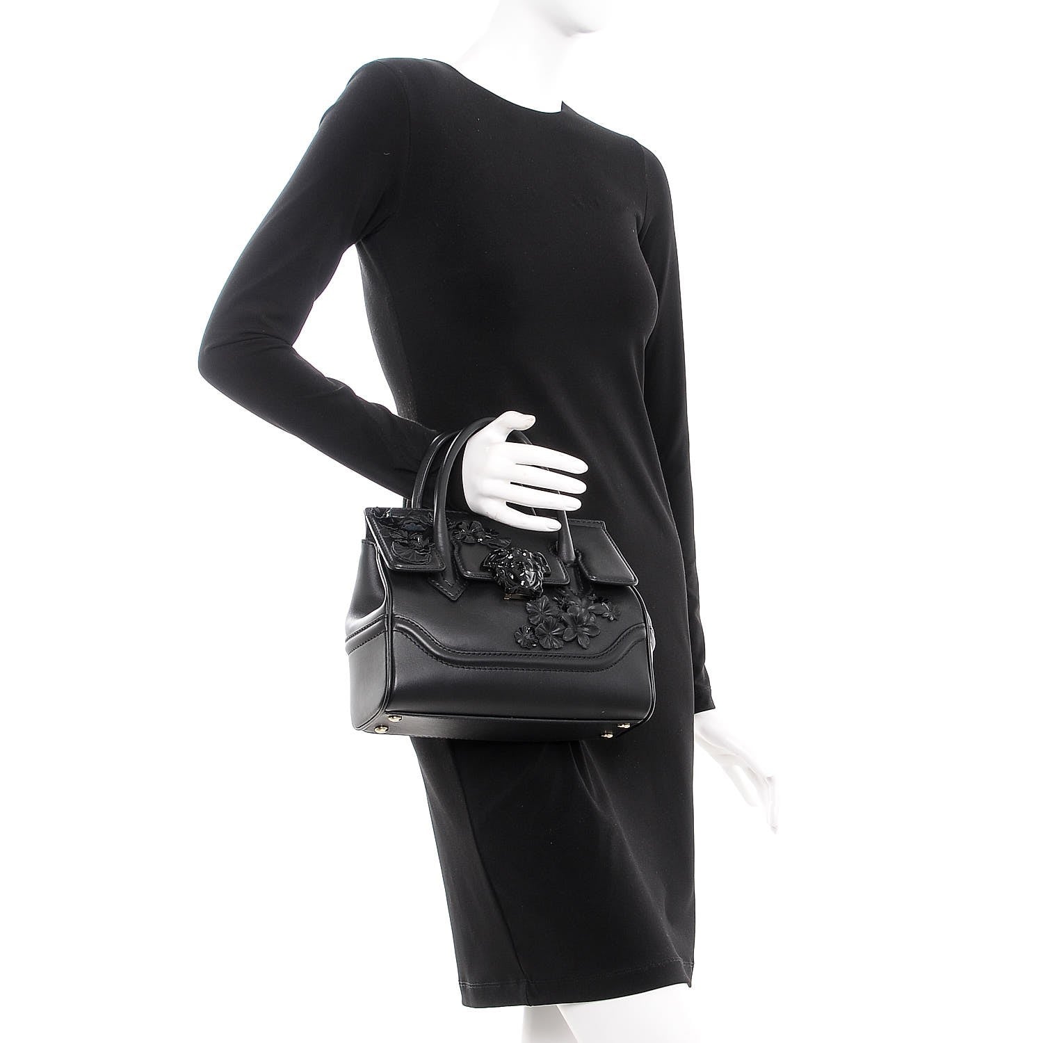 Versace Calfskin Floral Appliques Medium Palazzo Empire Bag Black 3 of 9