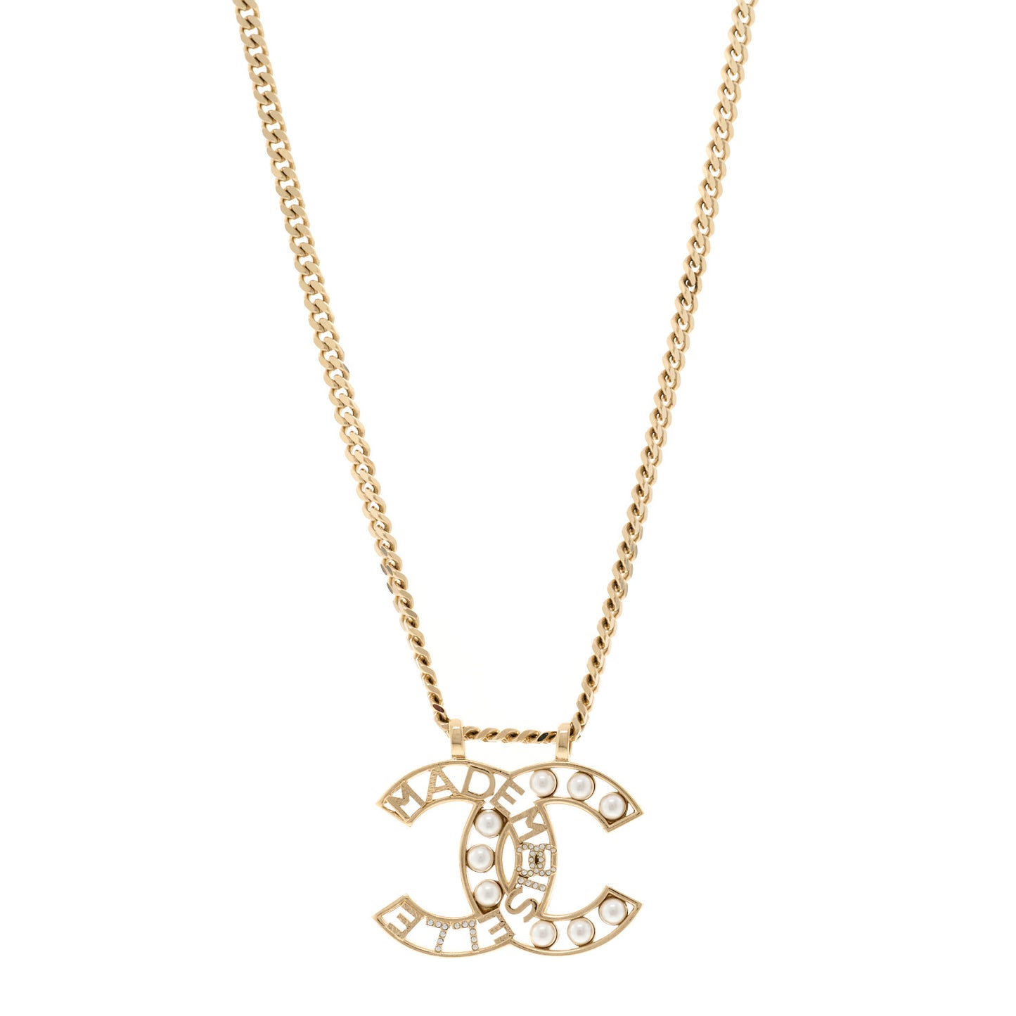 Crystal Pearl CC Mademoiselle Pendant Necklace Gold
