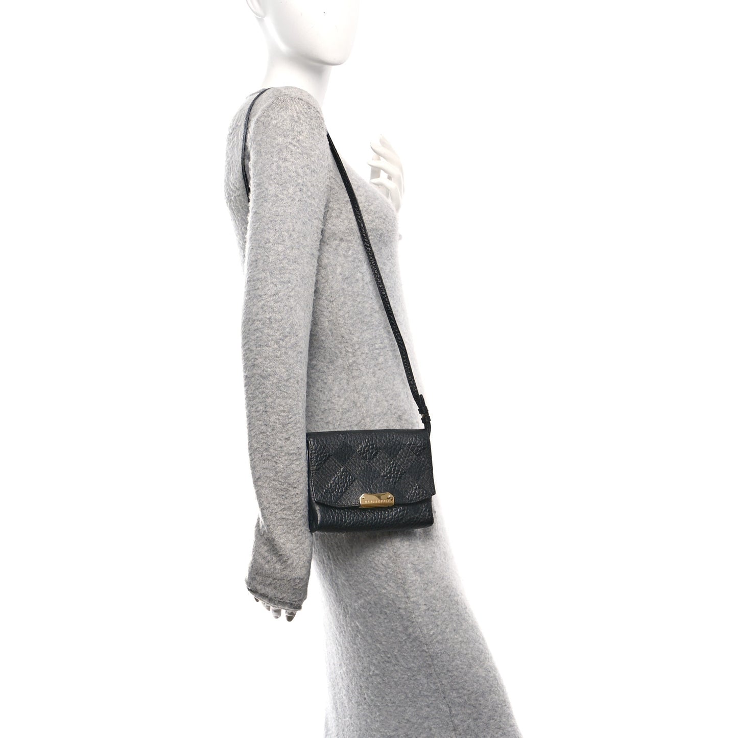 Signature Grain Calfskin Check Embossed Langley Crossbody Black
