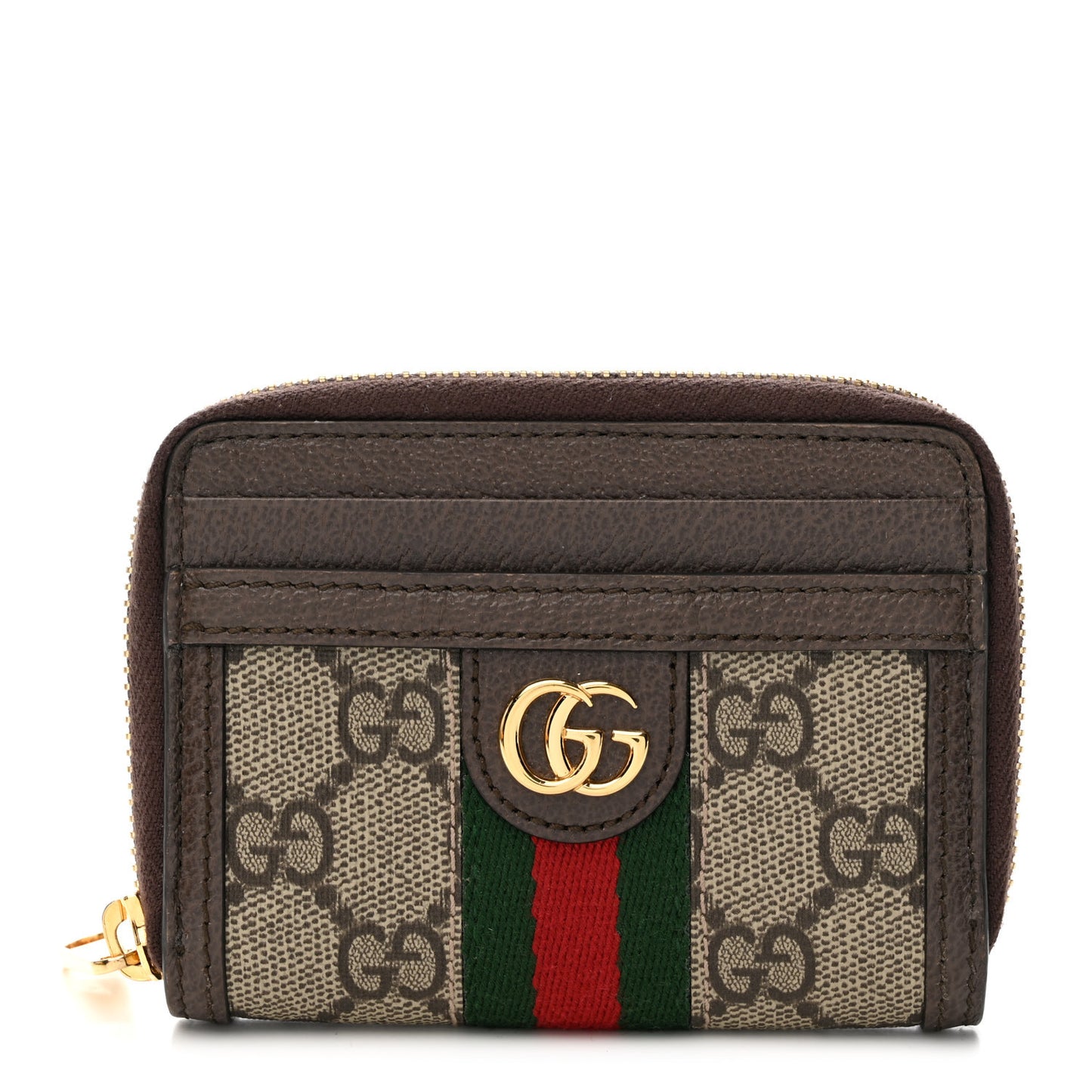 GG Supreme Monogram Textured Dollar Calfskin Web Ophidia Zip Around Card Case Wallet Beige Ebony New Acero