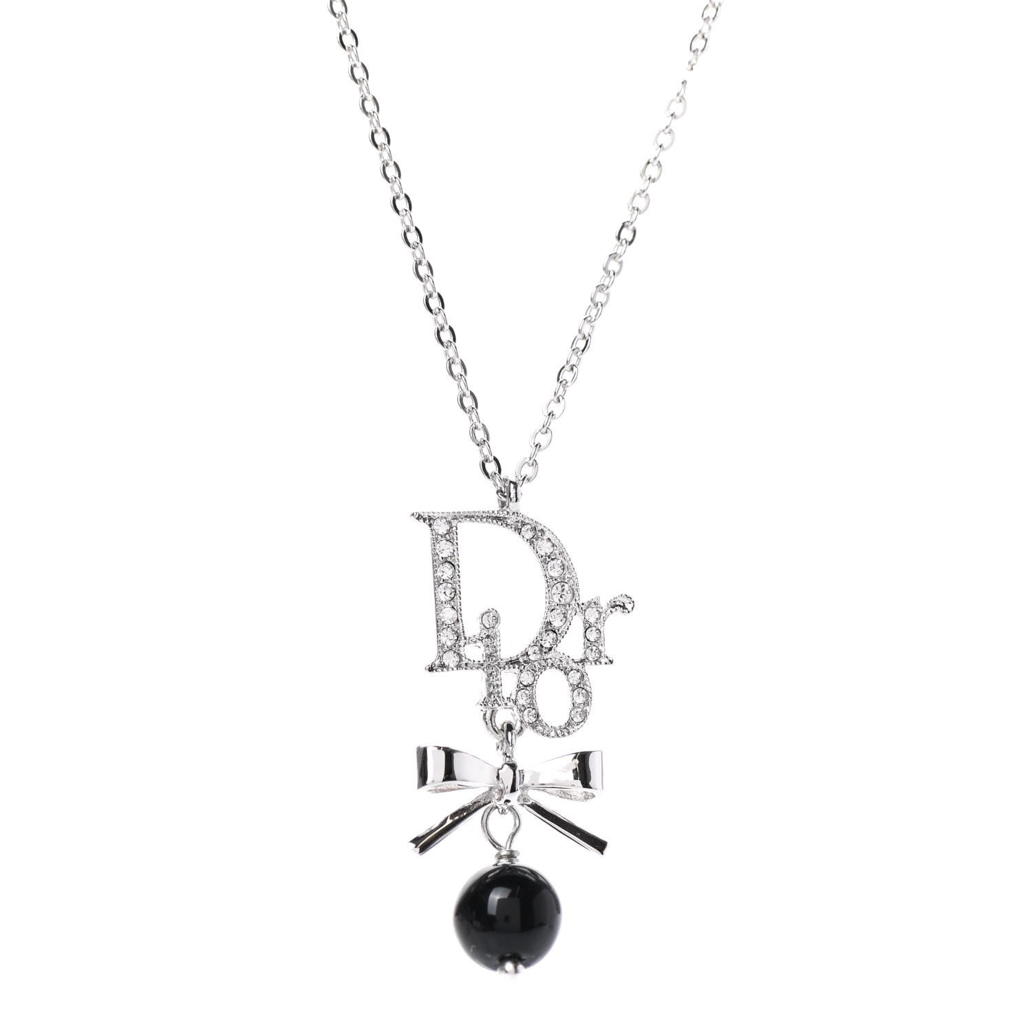 Christian Dior Enamel Bead Logo Bow Necklace Silver Black 4 of 6